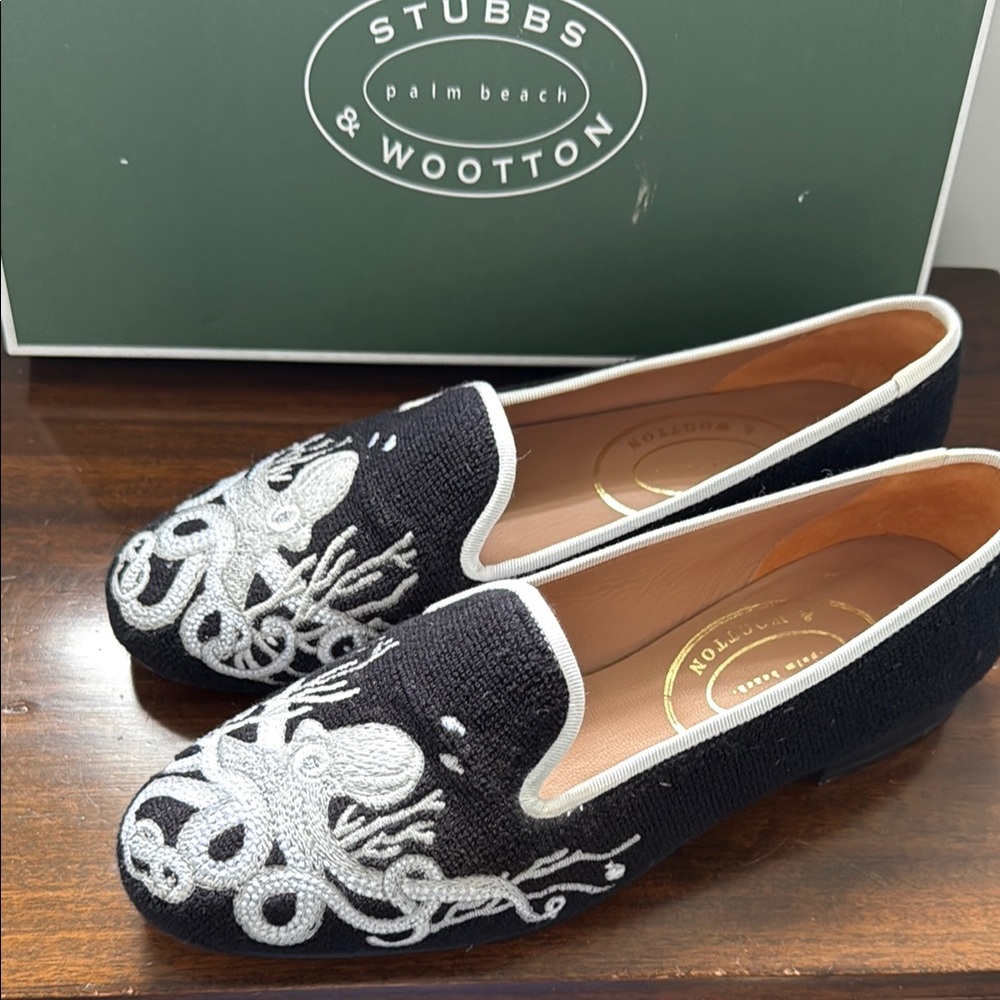 Stubbs & Wootton Octopus Embroidered Black and White Loafers